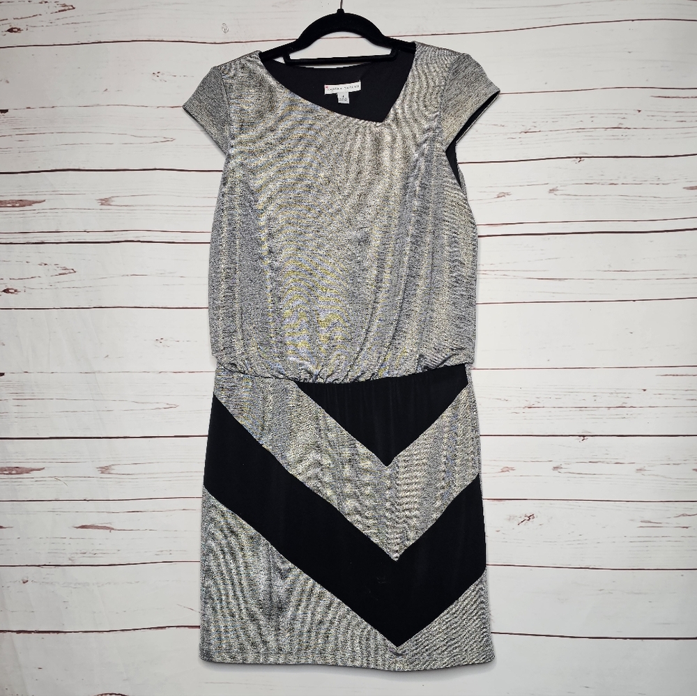Sandra Darren Black and Silver Chevron Mini Dress